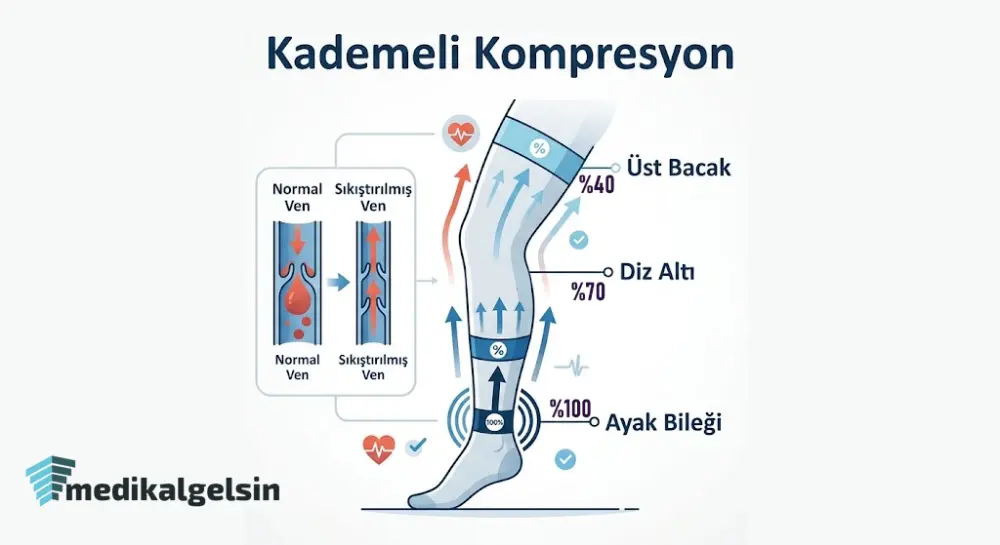 Bilekten dize doğru azalan kademeli basınç infografiği